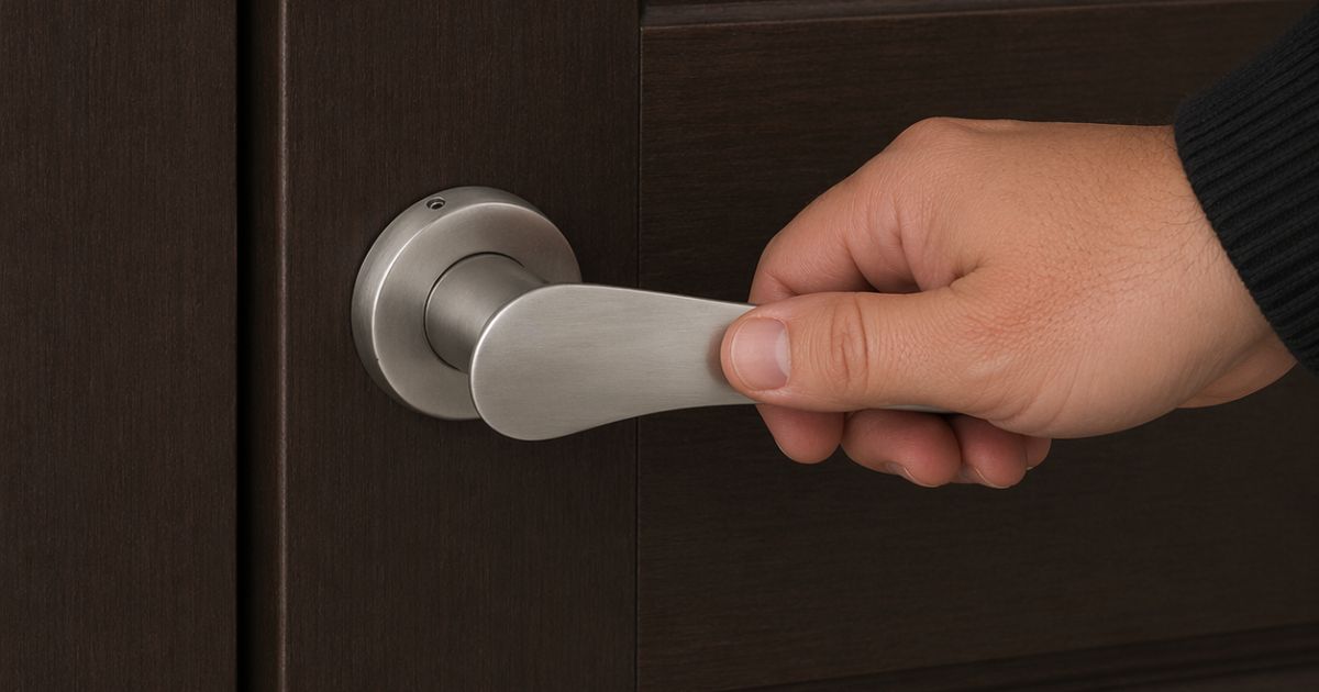 Person's hand turning a silver door lever on a dark wooden door.