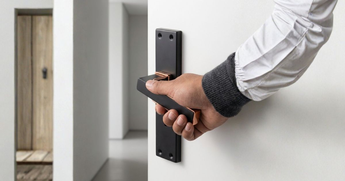 Close-up of a hand turning a bronze-accent door handle on a white interior door to open it