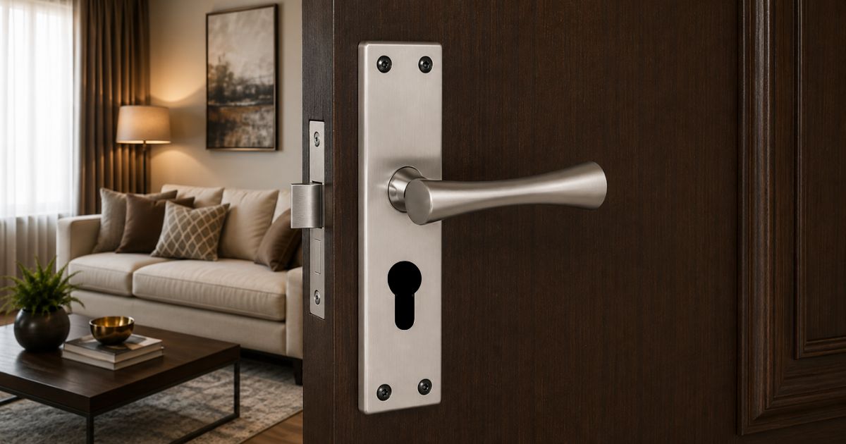 Close-up of a brushed metal door lever and keyhole plate on a dark wooden door, with a living room visible in the background.
