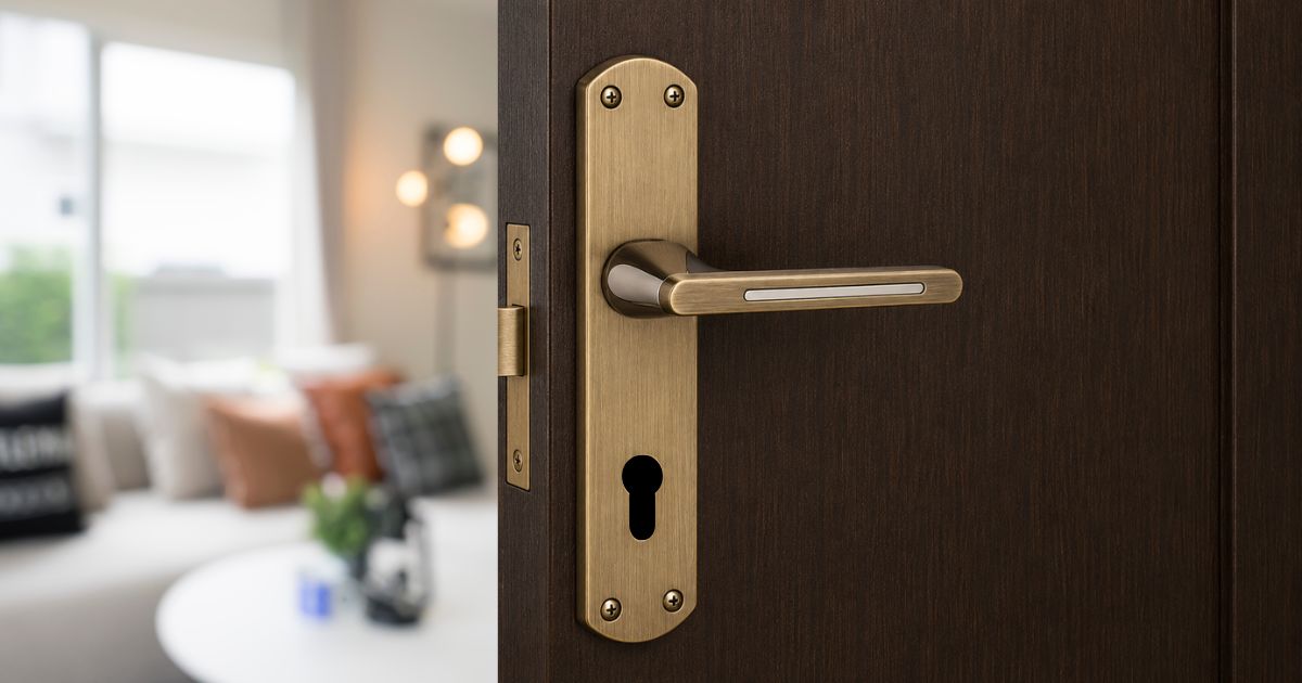 Dark wooden door with a brass lever handle ajar, revealing a bright living room with a sofa in the background.