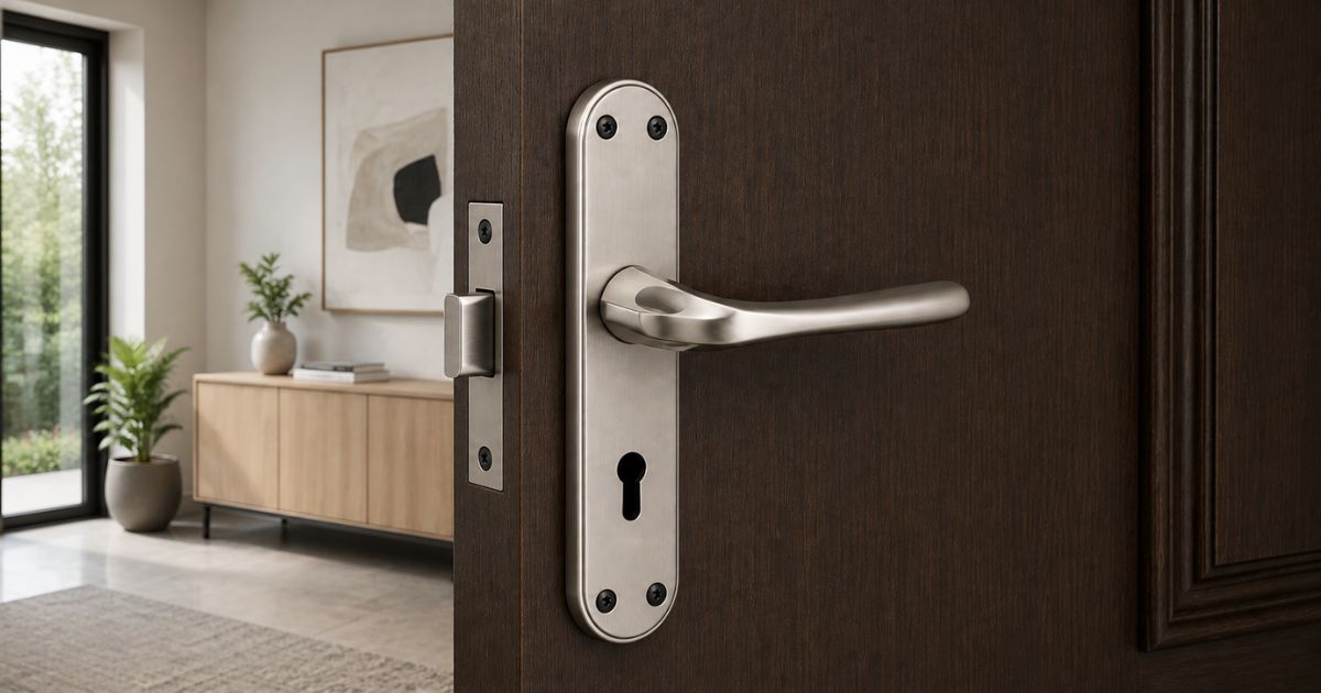Close-up of a brushed metal door lever and keyhole plate on a dark wooden door, with a modern living room visible beyond.