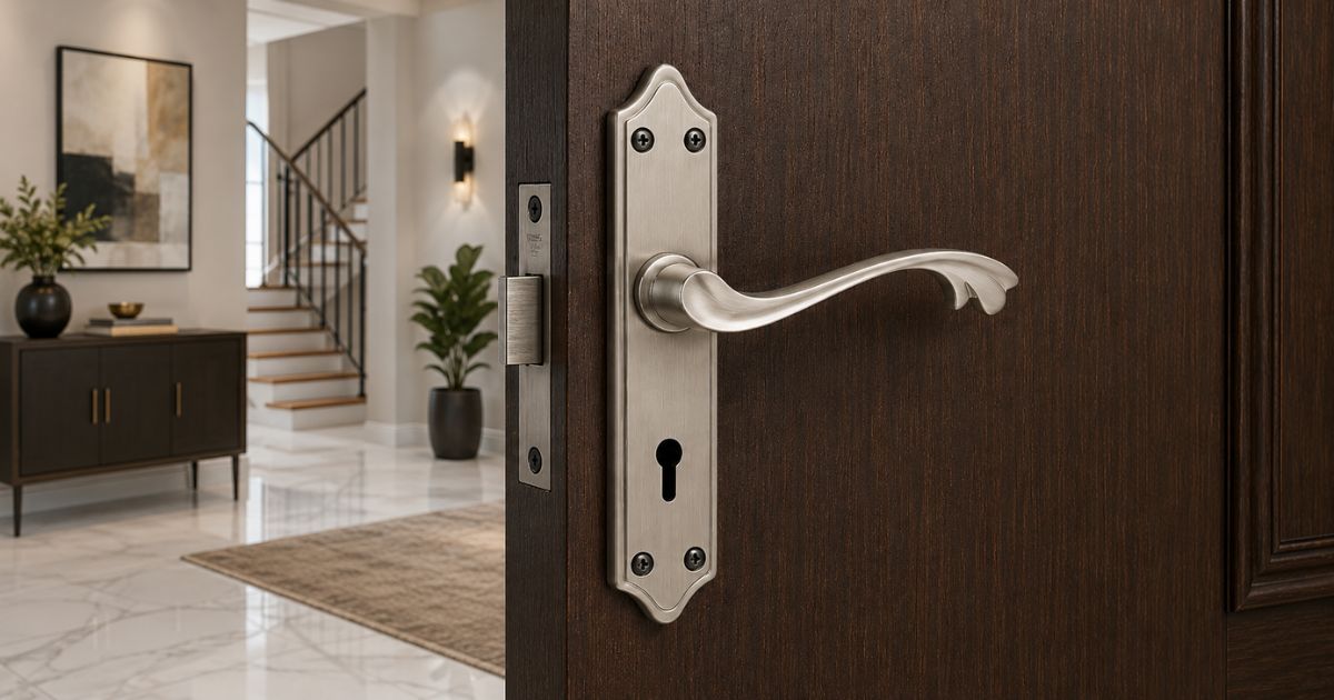 Close-up of a silver door handle on a dark wooden door, with a stylish foyer visible beyond.