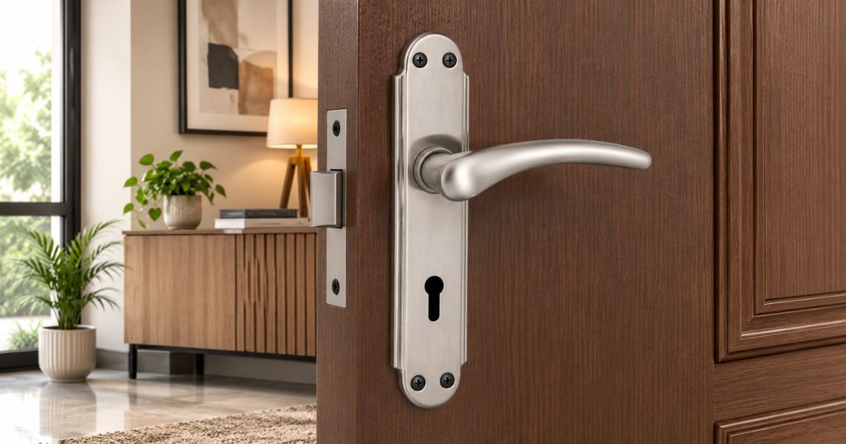 Close-up of a silver door handle and keyhole plate on a wooden door, opened into a living room with plants and a cabinet visible in the background.
