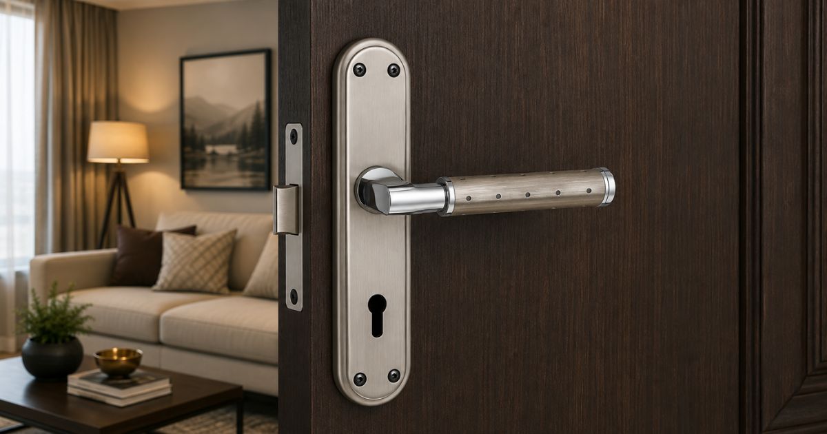 Close-up of a brushed metal door handle and keyhole on a dark wooden door, with a living room visible in the background.