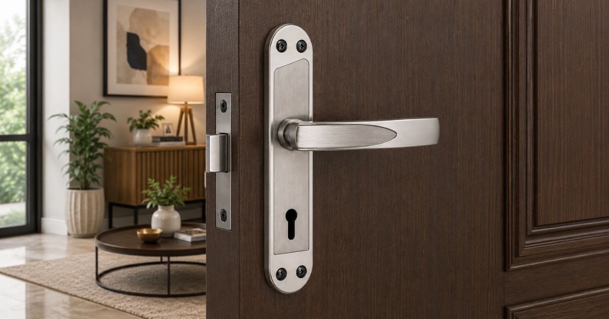 Brushed metal door handle and deadbolt on dark wood door, leading into a living room with plants and a round coffee table.