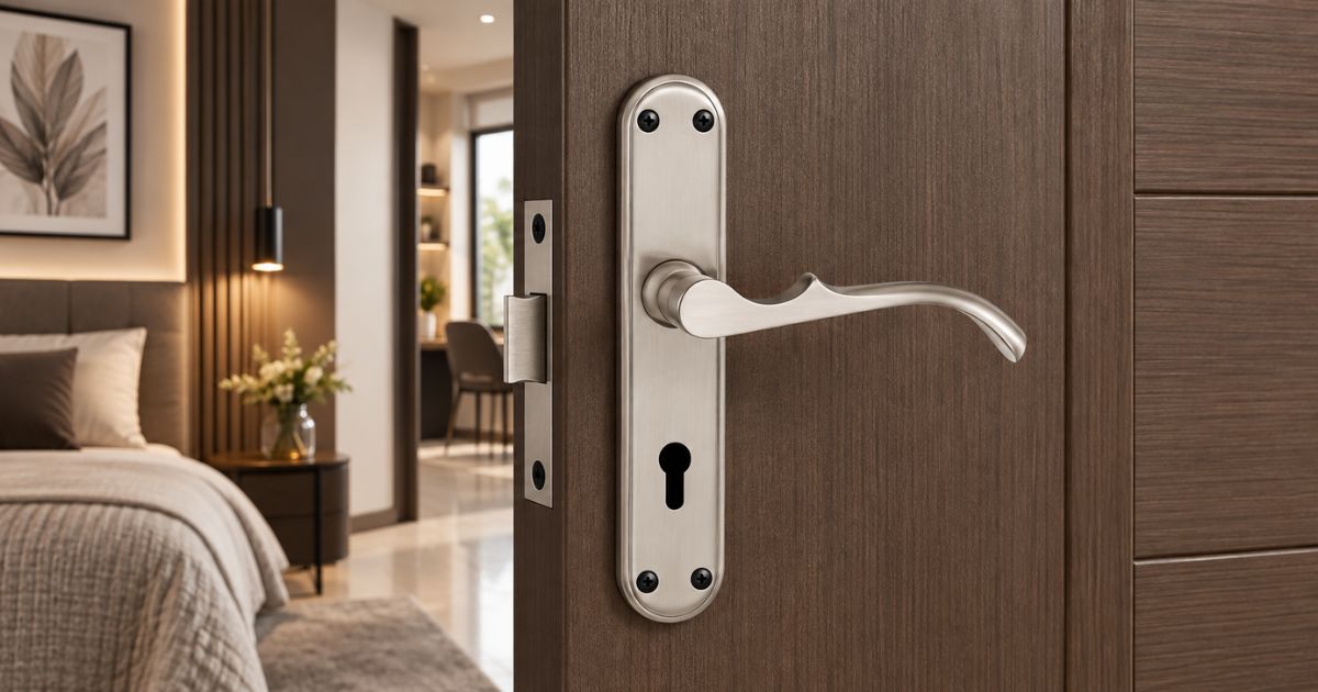 Open wooden door with a silver lever handle, revealing a modern bedroom with a bed and nightstand visible.