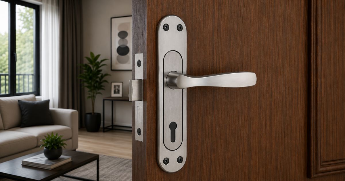 Close-up of a brushed metal door lever and escutcheon on a dark wood door, with a living room visible in the background.