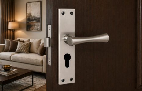 Close-up of a brushed metal door lever and keyhole plate on a dark wooden door, with a living room visible in the background.