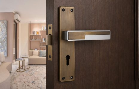 Close-up of brass door handle and keyhole on a dark wooden door, opening to a modern living room.