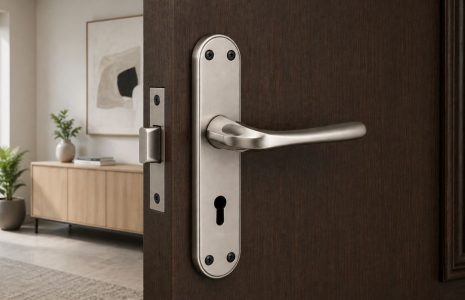 Close-up of a brushed metal door lever and keyhole plate on a dark wooden door, with a modern living room visible beyond.