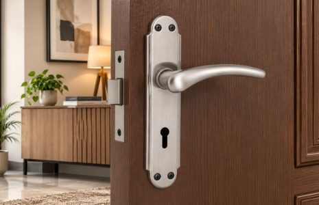 Close-up of a silver door handle and keyhole plate on a wooden door, opened into a living room with plants and a cabinet visible in the background.