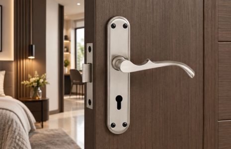 Open wooden door with a silver lever handle, revealing a modern bedroom with a bed and nightstand visible.