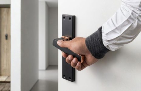 Close-up of a hand turning a bronze-accent door handle on a white interior door to open it
